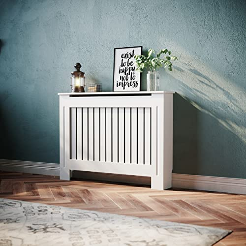 SONNI Heizkörperverkleidung, 112x19x81.5cm, Vertikal Lamell, Lackiert, Weiß | Heizkörperabdeckung, Heizkörperschutz, Schrank Heizkörper Abdeckung für Wohnzimmer, Schlafzimmer, Küche, Modern, Holz