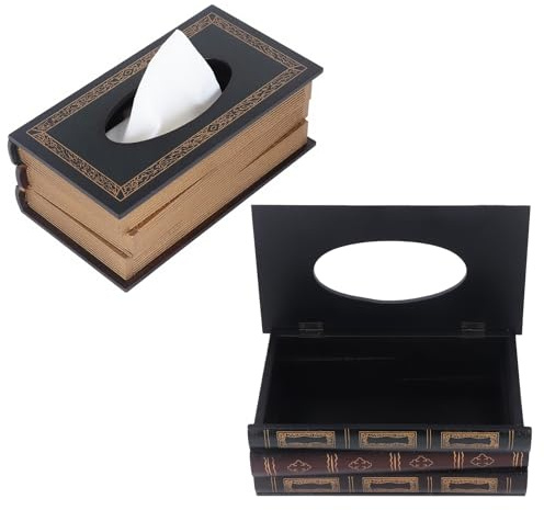 Taschentuchbox Buchform 25.8 x 14.2 x 10cm Retro Holz Taschentuchhalter Buch Serviettenbox, Buchoptik Taschentuchbox Große Öffnung Bemaltes Papierhandtuchspender Kosmetiktücherboxen Taschentuchspender