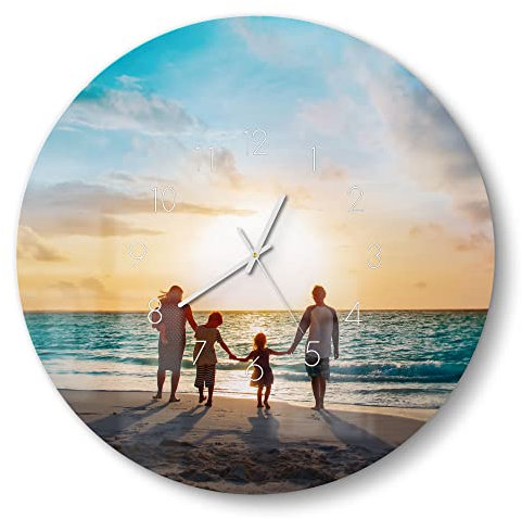 DEQORI Reloj de cristal personalizado con foto, redondo, 50 cm de diámetro, números en negro, imagen propia, reloj de diseño grande XXL de cristal, silencioso, para salón y cocina, moderno reloj de