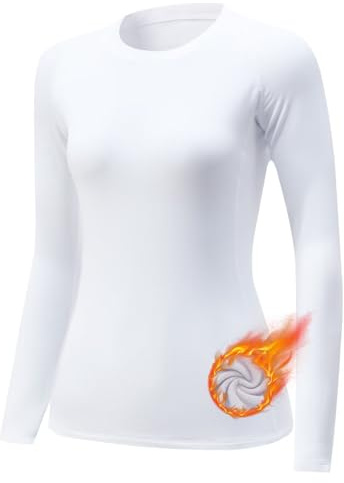 Tesuwel Thermal Shirts for Women Long Sleeve Hiking Ski Base Layer Women Cold Weather Sports Compression Shirts Moisture Wicking Ladies Fleece Tops for Workout Running Cycling,Quick Dry 534 White M