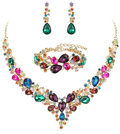 Ever Faith Wedding Bridal Jewellery Sets for Women, Sparkly Rhinestone Crystal Floral Teardrop Cluster Statement Necklace Dangle Drop Earrings Bracelet Set 3 Pcs Costume Jewelry Multicolor Gold-Tone