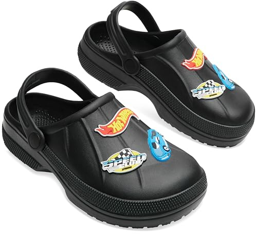 Hot Wheels Clogs Boys with Shoe Charms Garden Shoes Summer Slip On Ankle Strap Indoor Outdoor Beach Holiday Essentials (11/12 UK, Black)