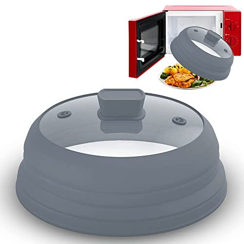 Couvercle anti-éclaboussures en verre pour micro-ondes de 25,4 cm – Couvercle pliable pour assiette et bol – Dessus en verre trempé, dôme en silicone de qualité alimentaire avec aérations de chauffage