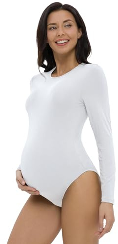 Gowjog Body per gravidanza, body premaman a maniche lunghe, girocollo, tutina per premaman, bianco, L