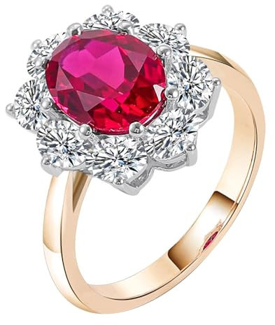 Skcess 18 Karat Gelbgold Ringe Frauen Rot Das Labor Hat Einen Rubin Geschaffen Oval, Damenring Blume Moissanit Ringe Frauen Größe 63 (20.1)