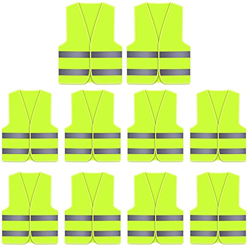 10 Packs Hi Vis Vests High Visibility Jackets, Hi-vis Reflective Safety Vest for Men, Women, Neon Yellow/Green Colour