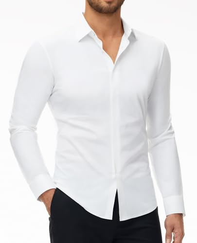 DEMEANOR Camicia da uomo a maniche lunghe, elasticizzata, vestibilità aderente, non si sgualcisce, camicia per il tempo libero da uomo, 1-bianco, XXL