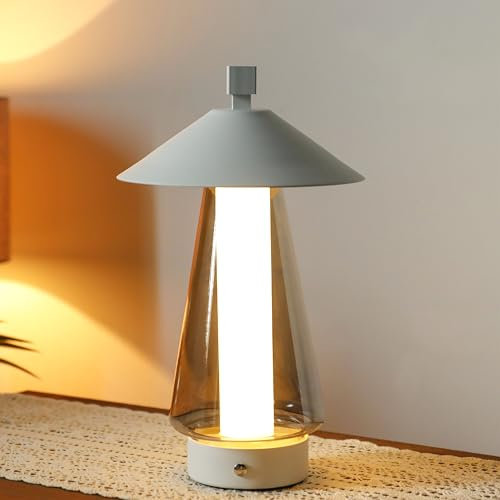 JHY DESIGN 3-Way Dimmable Bedside Lamp 12H Umbrella-shaped Touch Control Table Lamp Nightstand Lamp with Grey anodized glass lampshade for Bedroom Living Room Indoors Outdoors（White,Type-C Charging）