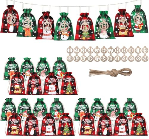 24 Stück Weihnachts Beutel mit 24 Holzetiketten, Jutebeutel mit Kordelzug Weihnachts Adventskalender Säckchen Taschen für Süßigkeiten