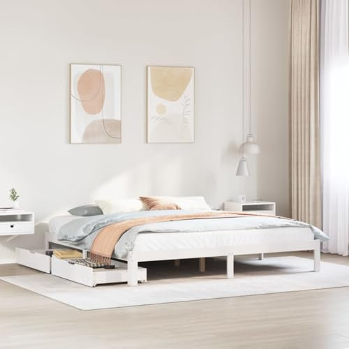 Homgoday Massivholzbett mit Schubladen Holzbett Bettrahmen Stauraumbett Schubladenbett Doppelbett Einzelbett Bettgestell mit Kopfteil für Schlafzimmer Weiß 180x200 cm Kiefer