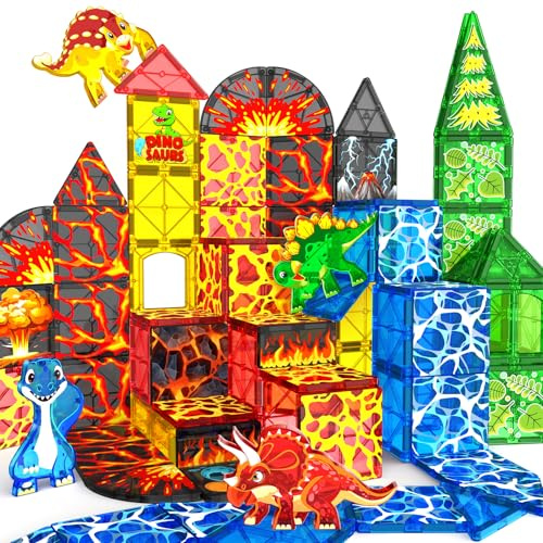 obakaer Magnetic Tiles Dinosaur Toys Magnet Tiles for Kids Ages 3-5 4-8 5-7 | DINO-LAVA World Magnetic Building Blocks Montessori Educational Toys 3+ Year Old Boys Girls Toddlers Christmas Birthday Gifts