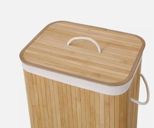 Bamboo Laundry Basket With Lids & Liner Foldable Washing Clothes Bin Hamper UK (Square Natural)