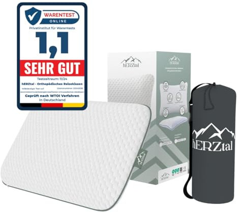 hERZtal Reisekissen – Ergonomisches Nackenstützkissen für Unterwegs, Kompaktes und Bequemes Kissen für Flugzeug, Auto und Büro – Inklusive Tragetasche