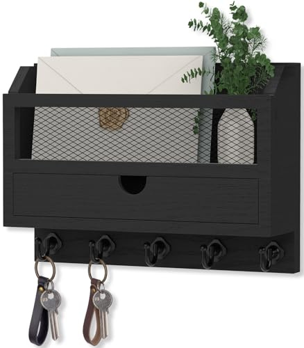 Nekon Key and Mail Holder for Wall, Key Organizer with 5 Hooks & Storage Drawer, 11 W x 7.9 H x 3.1 D Wooden Key Rack for Entryway and Home Decor (Black)