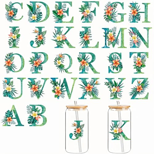 26 Green Turtle Leaf Letters Floral UV DTF Cup Wraps Transfer Waterproof Sticker for Glass Cups Furniture Craft DIY Crafts，Rub on Transfer Stickers for DIY Water Bottle Laptop Decal Wood Car