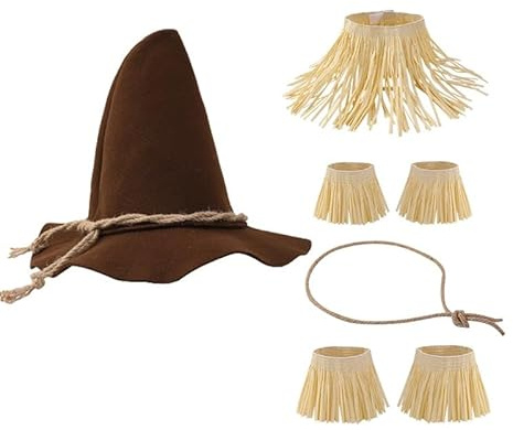COLLECT PRESENT Classic Scarecrow Hat with Straw Kit for Adults – Adjustable Size, Soft Felt Material with Realistic Straw Detailing – Perfect for Fall-Themed Costumes, Parties, and Plays (Brown)