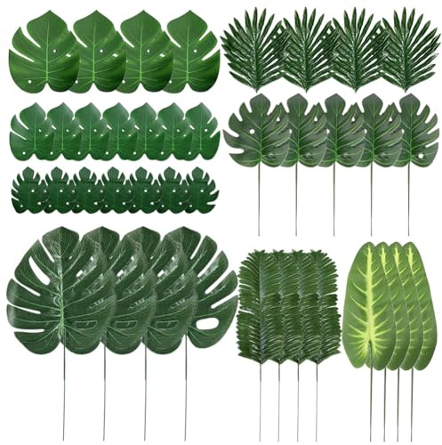 Lot de 100 feuilles de palmier artificielles - 8 types de feuilles de palmier tropicales avec tiges - Plante tropicale - Feuilles de palmier monstre - Feuilles de palmier en plastique pour la jungle