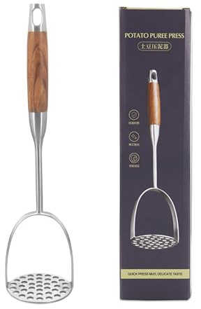 Potato Masher Stainless Steel,Hand Potato Smasher with Wooden Handle,Struggle-Free Mashing,for Vegetable and Fruit Masher,Dishwasher Safe (Rosewood)