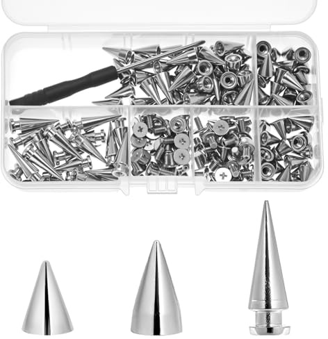 QWORK® 100stk Metall Kegel Spikes Set mit Schraubendreher – 3 Größen: 10 mm, 13 mm, 20 mm, Silberne Spikes für DIY-Kleidung und Lederhandwerk