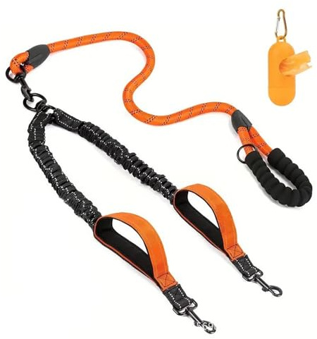 XFSRG Correa Doble para Perros Ajustable Antitirones con Dispensador De Bolsas Correa Larga para Perros Grandes Y Pequeños Correa Multiposición para Paseos Y Adiestramiento (Orange)