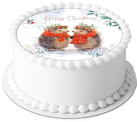 Happy Christmas Cute Hedgehog Couple 7.5 inch Circle on Decor Icing Sheet Edible Cake Topper - Perfect for Decorating Larger Cakes