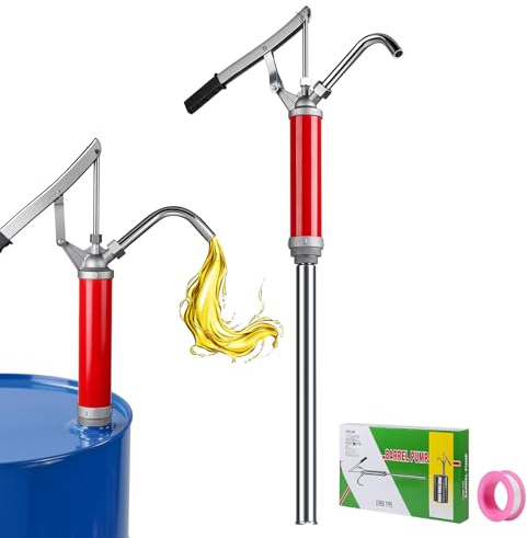 Swawis Röd fatpump manuell för 15 till 55 gallonfat, 28 l/min, oljepump av galvaniserat järnmaterial, infällbar oljeslang, kan extrahera dieselfotogen, smörjolja, hydraulolja