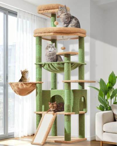 Taoqimiao Cat Tree, 183cm Large Cat Tree for Indoor Cats Cat Tower | with 5 Scratching Posts, Spacious Platform, Widened Cat Condo, Cozy Metal Hammock, Large Scratch Board, Green MS045T
