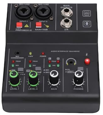 Luocute 2 Channel BT Audio Mixer, DJ Sound Controller with Multiple Inputs Phantom Power MP3 AUX Output Independent Control Knobs Metal Shell for Recording Stage Performance (Black)