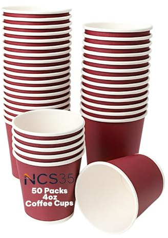 NCS35 Coffee Paper Cups 4oz Pack of 50 Disposable Hot Drink Shot Cups *NO LIDS* Takeaway Tea Travel Glass for Drinks Ideal for BBQ, Picnics, Parties, Birthdays, and Weddings Outdoor Indoor