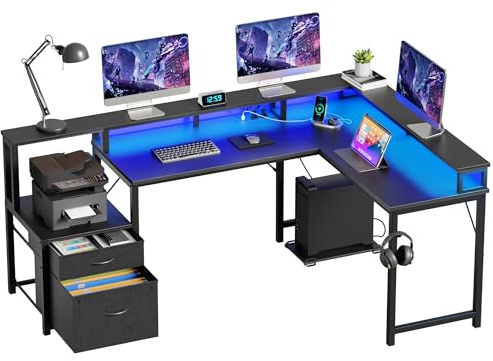 YOUDENOVA Scrivania angolare con cassetti, a forma di L, 168 x 100 cm, tavolo da gaming con LED, scrivania per computer con presa e porta di ricarica USB, colore nero