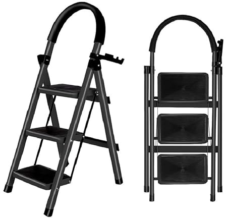 OHMG Escabeau 3 Marches avec Plateforme de Travail, Charge 150 kg Escabeau Pliable, Larges Marche Pied Pliable Antidérapantes, Tabouret en Acier Marche Pied Adulte,Charge 180 kg