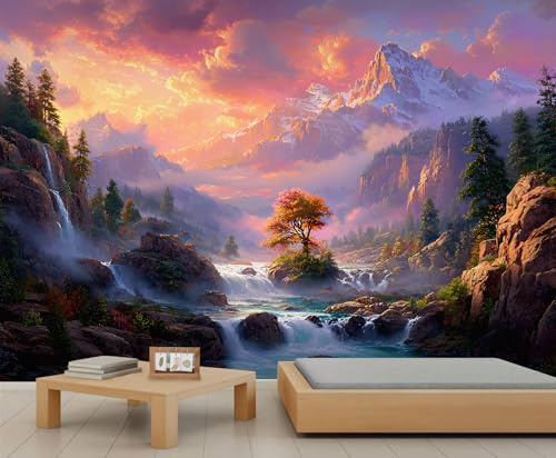Berg-Wasserfall-Tapete, Wald, Kinder-Tapete, Herbst-Wandbild für Mädchen, Schlafzimmer, Wohnzimmer, 500 x 350 cm