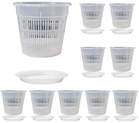 LIANFOND Lot de 10 pots à orchidée transparents avec trous de drainage et soucoupes en ABS pour plantes grasses, violettes, cactus et plus encore
