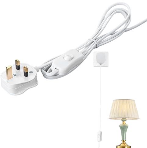 2 Core Table Lamp Pre-Made Cable,Table Lamp Cable With Switch with Inline Switch 1.8 Meters,2-Core Ta ble La mp Cable,250V 6A Light Switches,UK Plug Light Switches with 13A Fused(White)
