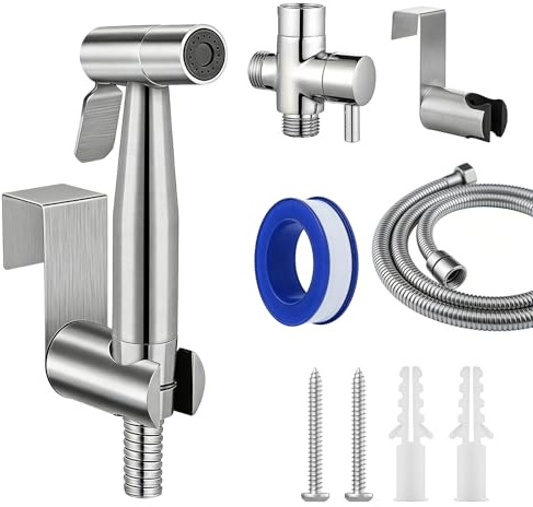 Kit de douchette pour bidet - Douchette à main pour toilettes - Pulvérisateur mural - Distributeur d'eau en acier inoxydable avec tuyau + pistolet pulvérisateur 304 + pied à crochet - Pour toilettes