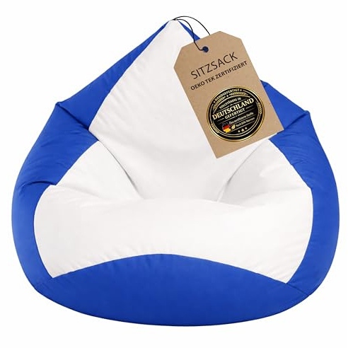 BuBiBag Sitzsack XXL Kinderzimmer – Bean Bag fertig befüllt – Oeko-Tex – wasserabweisend – Kinder & Erwachsene – blau-weiß – 120x95cm
