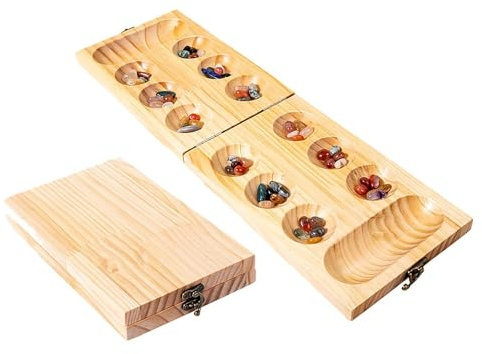 POXZSFX Wooden Mancala Board Game Set Portable Classic Fun Game With 50 Colorful Beads For Family And Friends Classic Strategy Wood Mancala Board For Teen