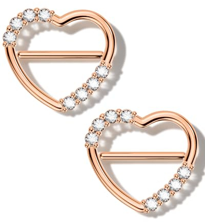 OUFER Lot de 2 Or Rose Piercing Téton 14G Cœur, 14 mm Anneau de Mamelon en Acier Chirurgical 316L avec CZ, Barres de Mamelon Bijou de Corps pour Femmes Romantique