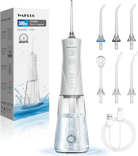 WAFLOO Idropulsore Dentale Orale per Casa e Viaggio, Pulizia Profonda | 6 ugelli, serbatoio da 300 ml, 5 modalità e protezione IPX7 per un'igiene orale quotidiana completa e confortevole
