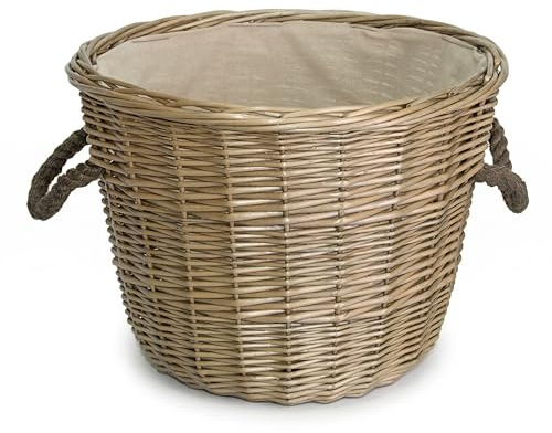 Wickerfield Wicker Log Basket for Wood Burner Indoor, Large Wicker Storage Basket with Rope Handle & Lining, Wood & Kindling Storage Baskets for Logs (Round, Grey Wash)