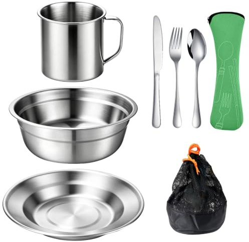 QUTHZZHY Ensemble de couverts de camping pour 1 personne, vaisselle de camping en acier inoxydable avec bols, assiettes, tasses, fourchettes, cuillères et couteaux, couverts pour pique-nique
