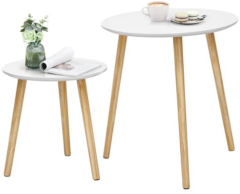 SONGMICS Table Basse Ronde, Table de Salon Moderne Minimaliste, Lot de 2, Table d'Appoint, avec Pieds en Bois de Pin, Style Scandinave, pour Salon, Balcon, Blanc et Couleur BoisÉe LET07WN