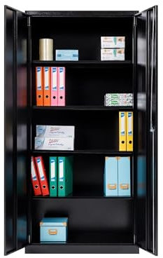 Furni24 Aktenschrank, fertig montiert, 195x92x42cm, Stahlflügeltürschrank Materialschrank, Abschließbarer Spind, Aktenschrank mit 5 Fächern, Werkzeugschrank, Mehrzweckschrank, Universalschrank,schwarz