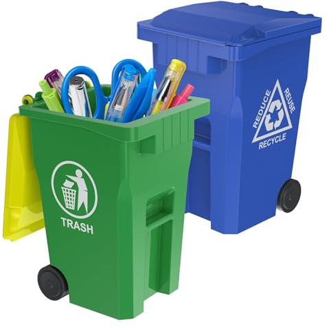 Wiosi Mini Garbage Trash Pen Holder for Desk, Pack of 2, Blue & Green, Tiny Recycle Bin Pencil Holder | Storage for Pencils & Pens | Office Stationery to Organize the Desk | Ideal for Student Work