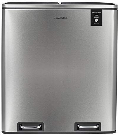 Les Collectors Mülleimer N°904, 60 L, passend für 30–60-Liter-Säcke, 2 Fächer 30 L, Küchen-Tretabfalleimer Edelstahl, Fassungsvermögen, herausnehmbarer Inneneimer, elegantes Design, Silber