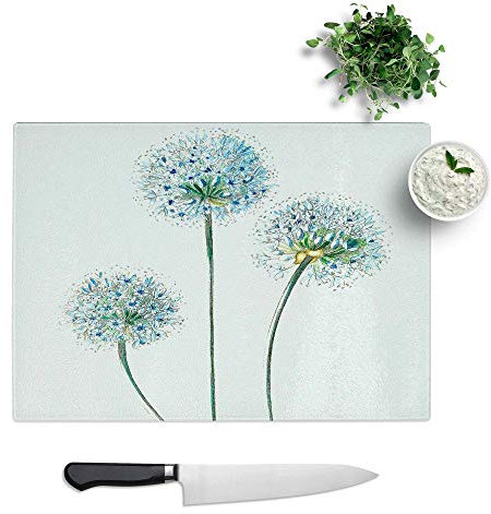 Glass Chopping Board - Blue Dandelion Flowers - Textured Worktop Saver Cutting Board - Heat Resistant, Shatterproof and Hygenic - 39 x 28.5 cm