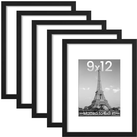 upsimples 9x12 Picture Frame Set of 5, Display Pictures 6x8 with Mat or 9 x 12 Without, Wall Gallery Photo Frames, Black