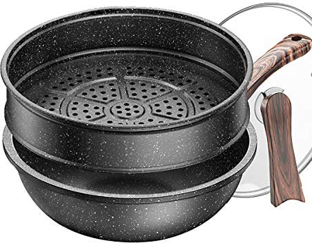 Antihaft-Wok-Schmiedeeisen mit Glasdeckel und brühsicherem Griff Bratpfanne mit Dampfgarer für Induktionsherd Gasherd Topf