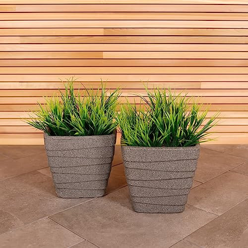 CHARLES BENTLEY Pair of Trojan, Square, Granite, Planters, Grey, Plastic, Plant Pot, Outdoor, Garden, Patio, Porch, Decking, Set of 2, Lightweight, Contemporary, Made In UK, Trendy (33.5x33.5x31cm)
