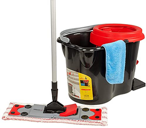 ensemble seau de lavage avec presse et ensemble balai à plat microfibre